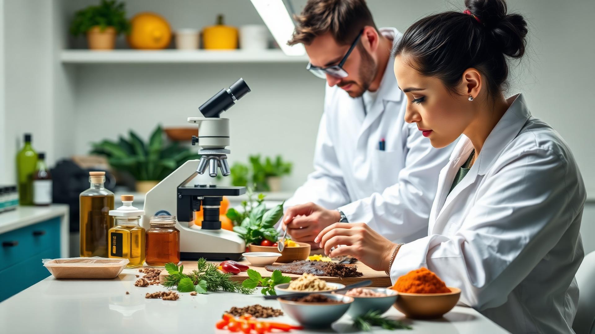 Food safety laboratory with scientists examining food samples
